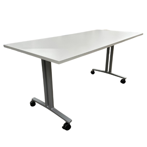 White rectangular folding table on rolling casters.
