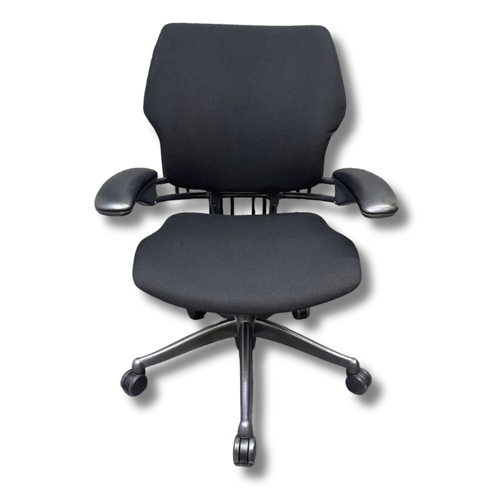 Used Herman Miller Aeron Black ergonomic office chair with a mesh back and seat, armrests, and a five-star base.