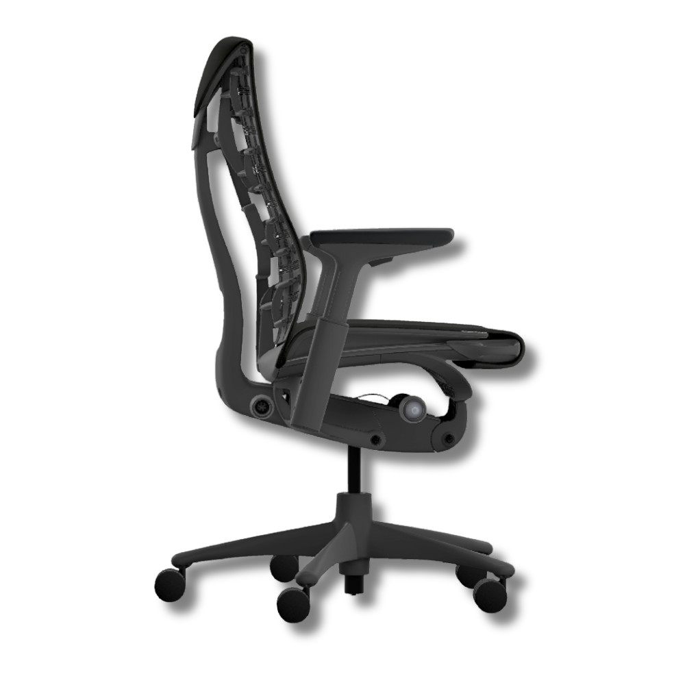Used Herman Miller Embody Black ergonomic office chair with mesh back, armrests, and five-star base with wheels.