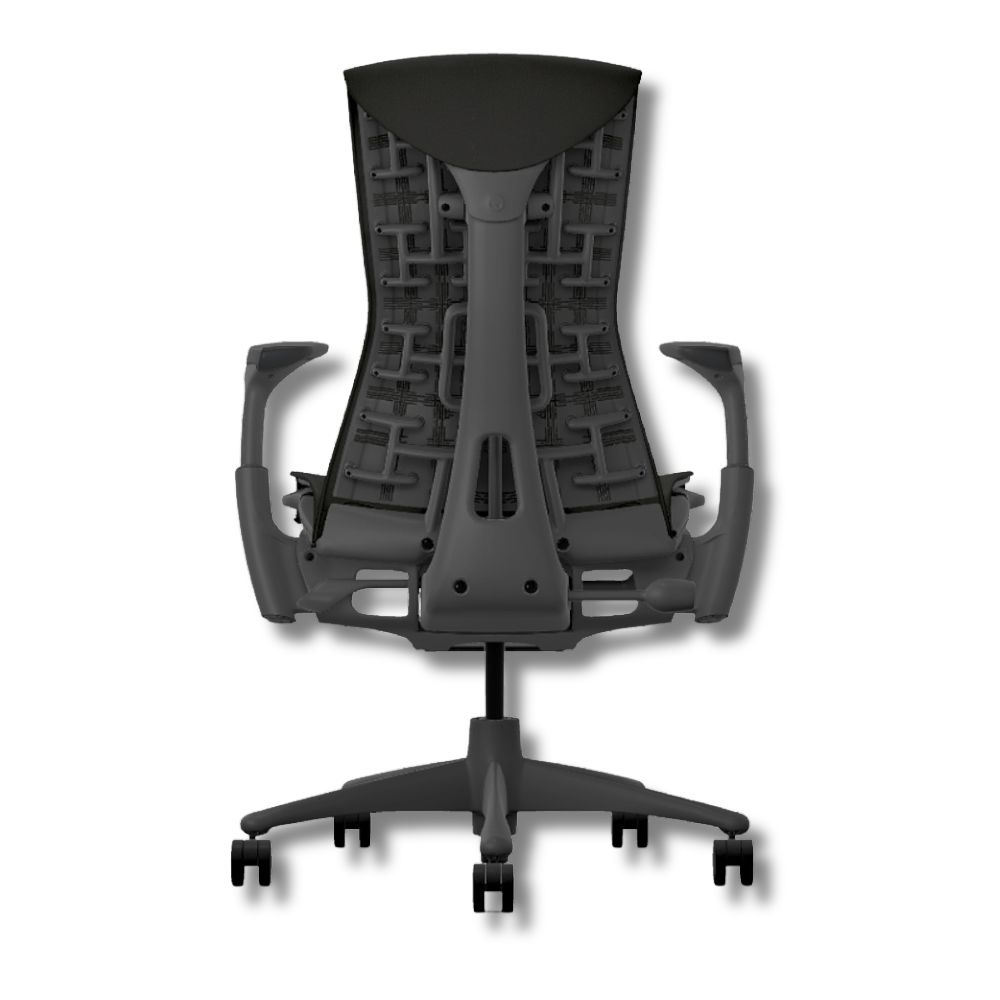 Used Herman Miller Embody Back view of a black ergonomic office chair with a mesh back and curved armrests.