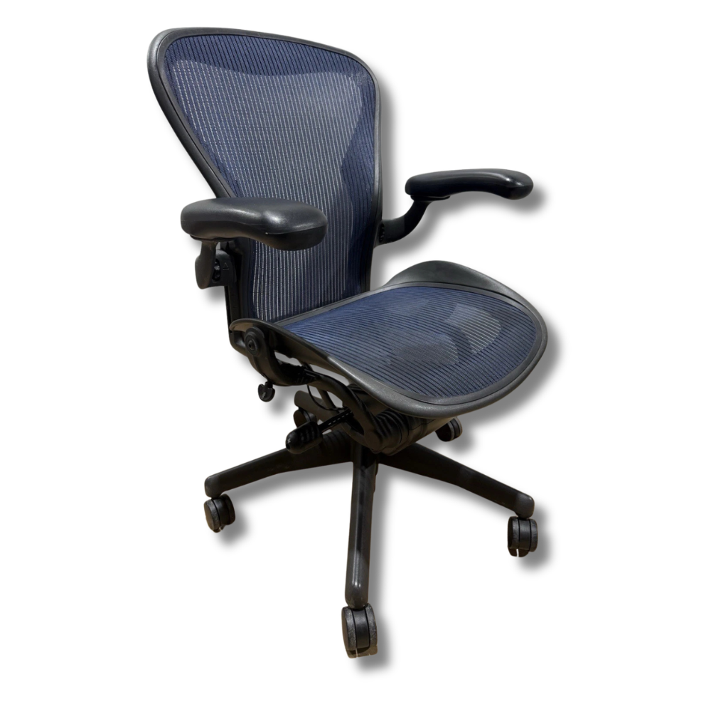 Used Herman Miller Aeron Blue and black mesh ergonomic office chair with armrests.