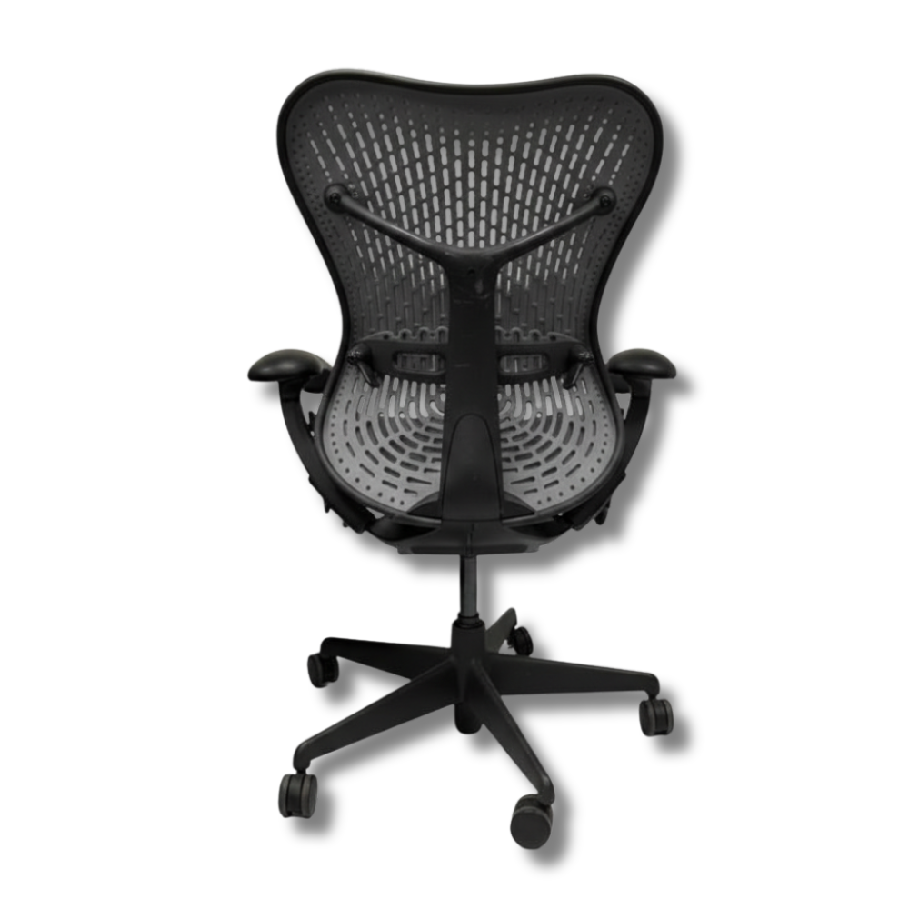 Used Herman Miller Aeron Black ergonomic office chair, back view, with a mesh back and adjustable arms.