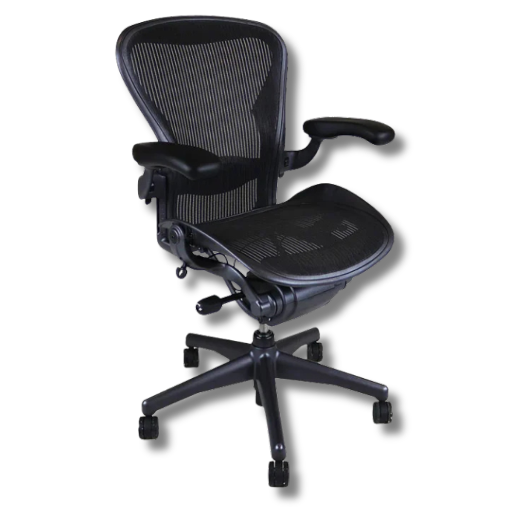 Used Herman Miller Aeron Black ergonomic office chair with mesh back and seat, armrests, and wheels.