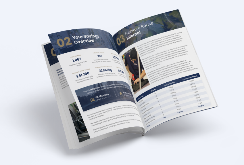 An open brochure displays financial information with page numbers 