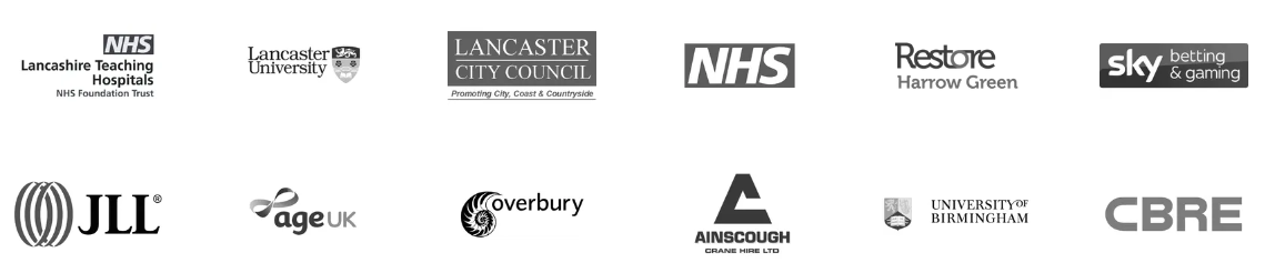 Logos of various companies including JLL, Sky, and NHS.
