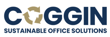 Logo for Coggins, Sustainable Office Solutions, in dark blue and gold. It features the word 