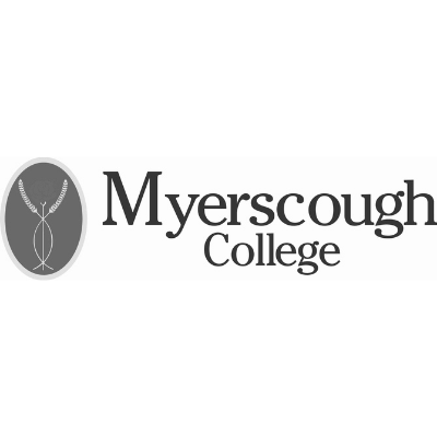 Logo for Myerscough College: grey oval with a plant design, next to the words