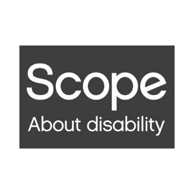 Logo for Scope, a disability equality charity. Dark grey rectangle with