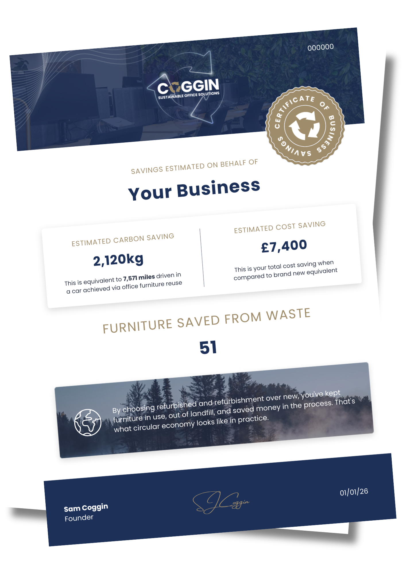 Brochure: Goodman recycled materials, shows 100,000kg saved, £240,000 value, with forest scene, gold seal.