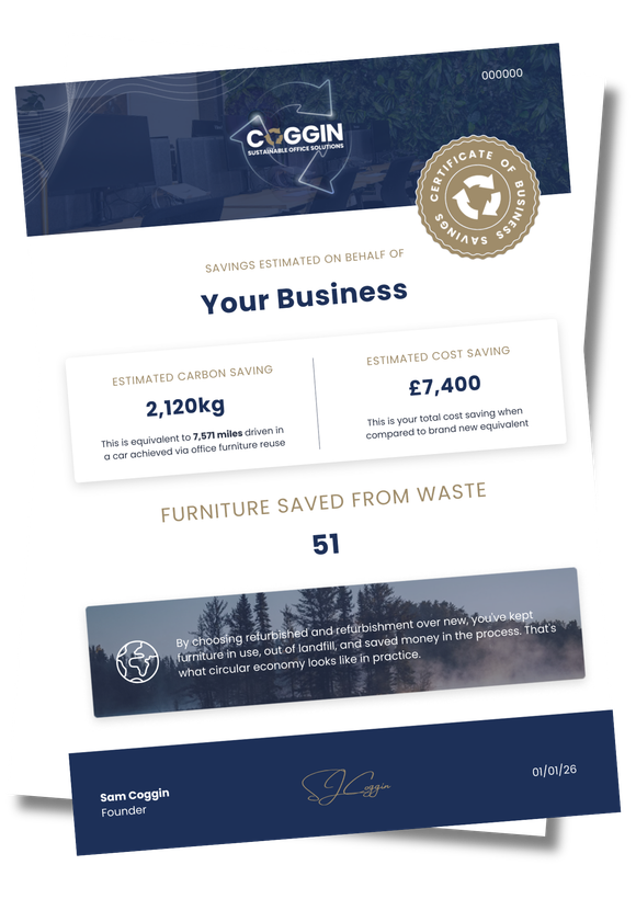 Brochure: Goodman recycled materials, shows 100,000kg saved, £240,000 value, with forest scene, gold seal.