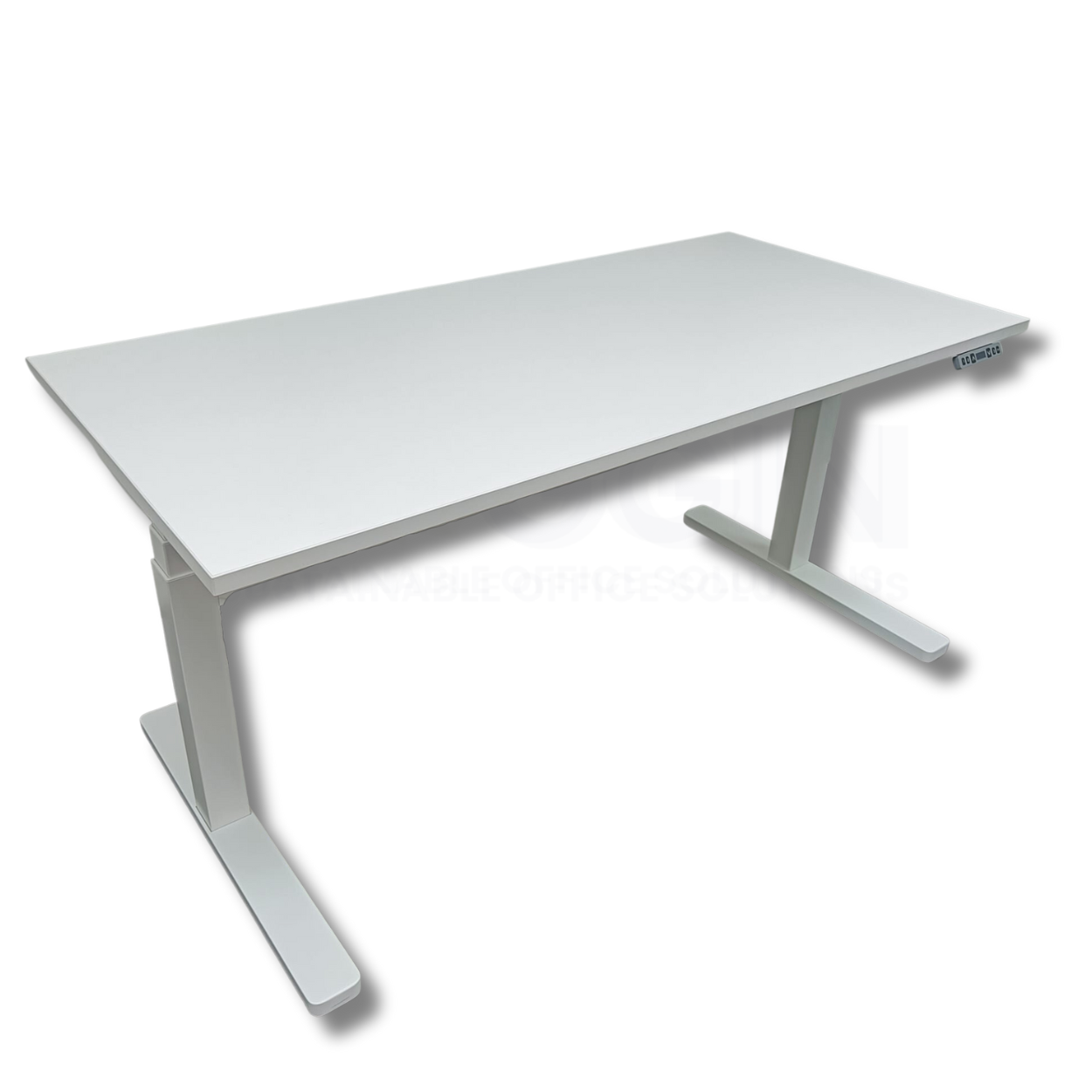 White adjustable height standing desk on white background.
