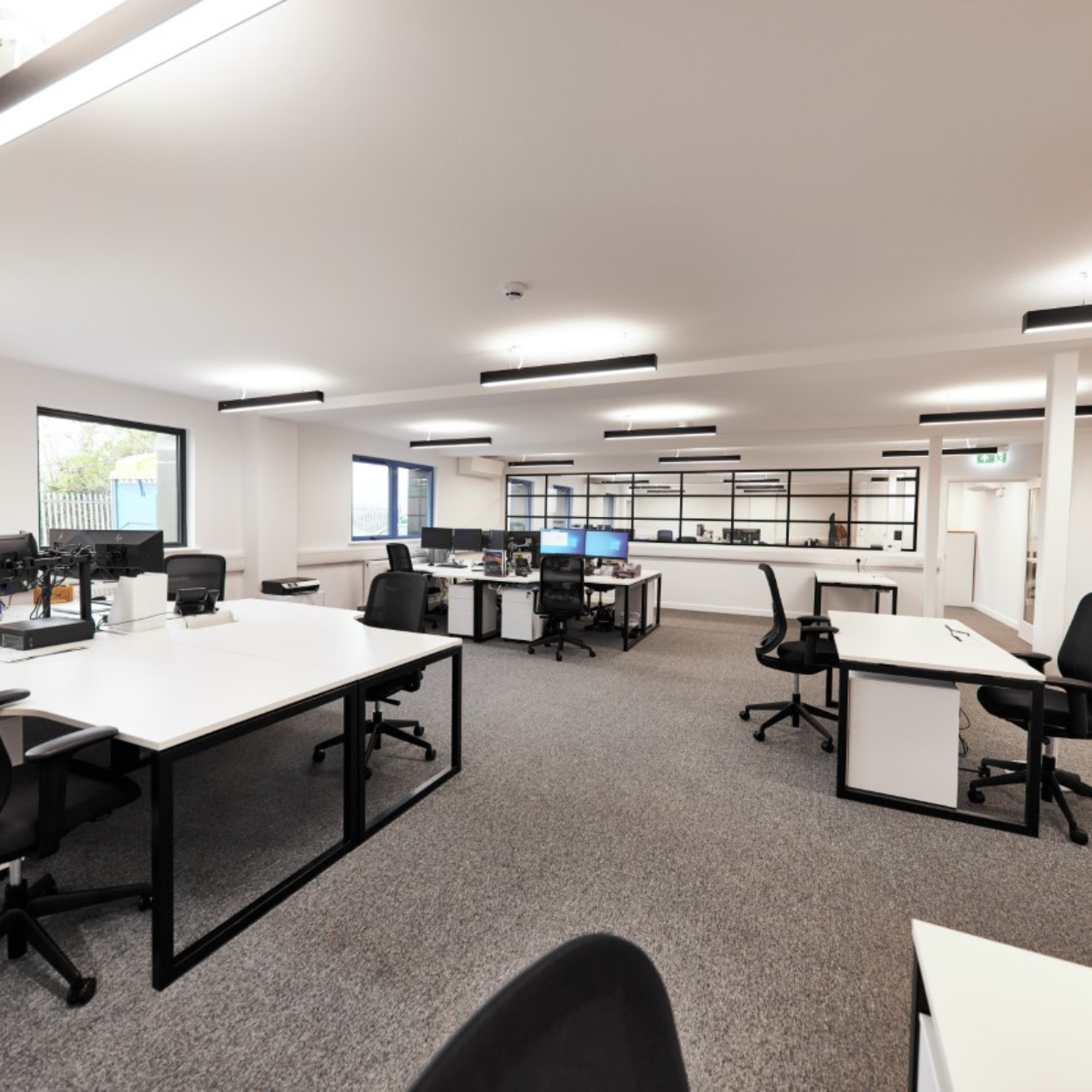 An open office space with white desks, black chairs, and gray carpet. Several people work at their computers.