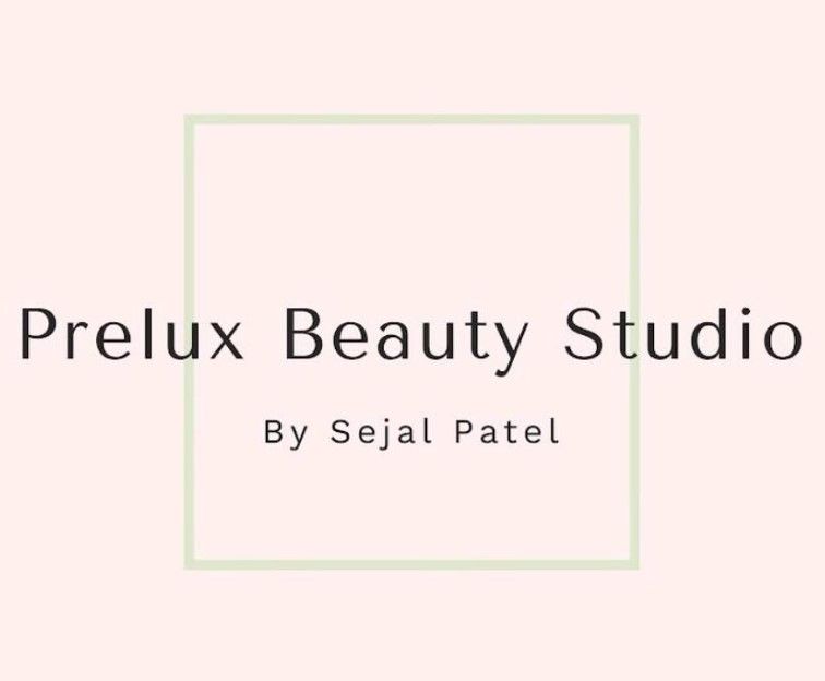 A logo for a beauty studio called prelux beauty studio by sejal patel.