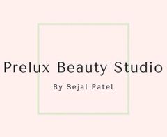 A logo for a beauty studio called prelux beauty studio by sejal patel.