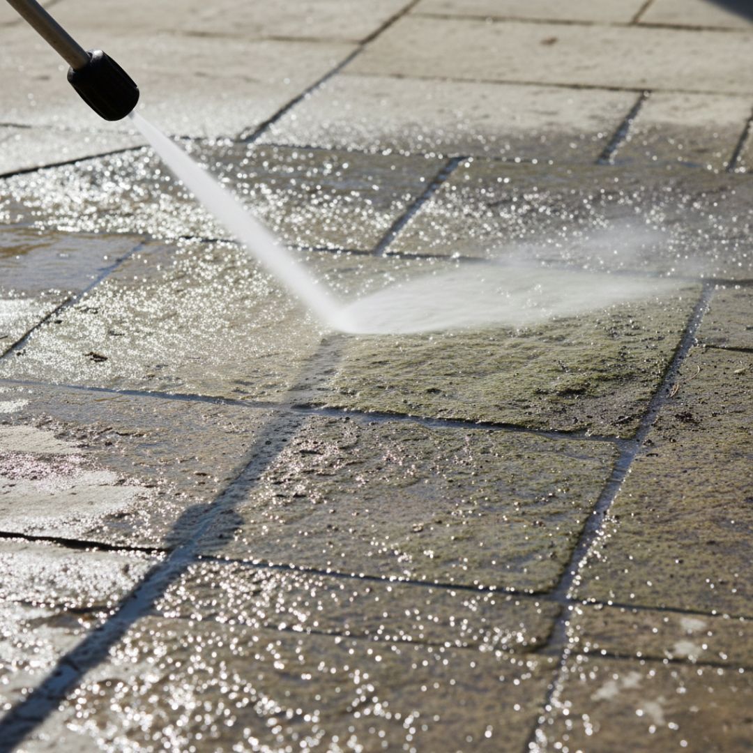 A pressure washer sprays water onto a stone patio, cleaning the surface.