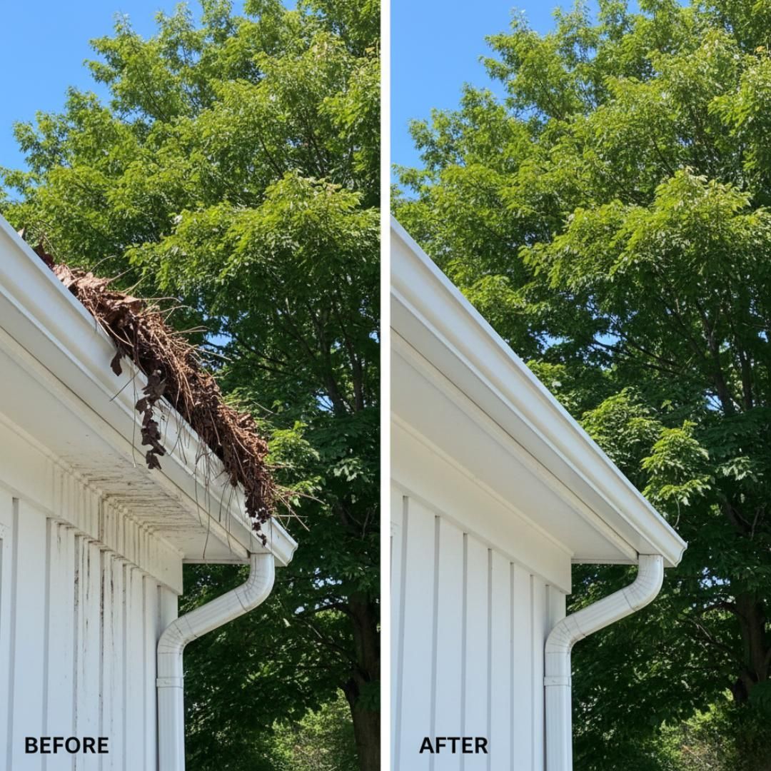 Before and after of a white gutter cleaned of leaves against a blue sky and green tree.