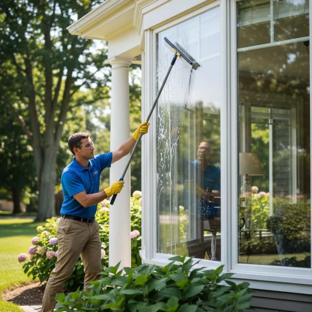 Man in yellow gloves cleans window with squeegee on long pole. Outdoors, sunny day.