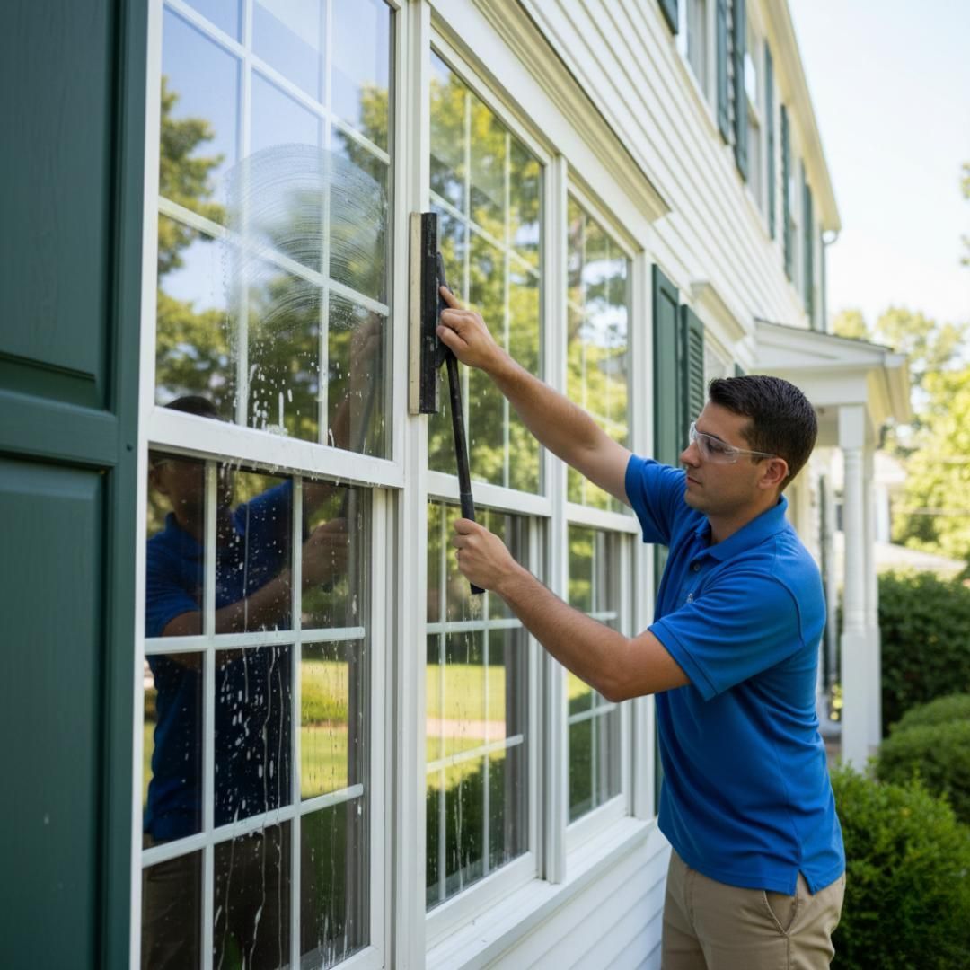 Man cleaning a window with a squeegee on a house, wearing safety glasses and a blue shirt.