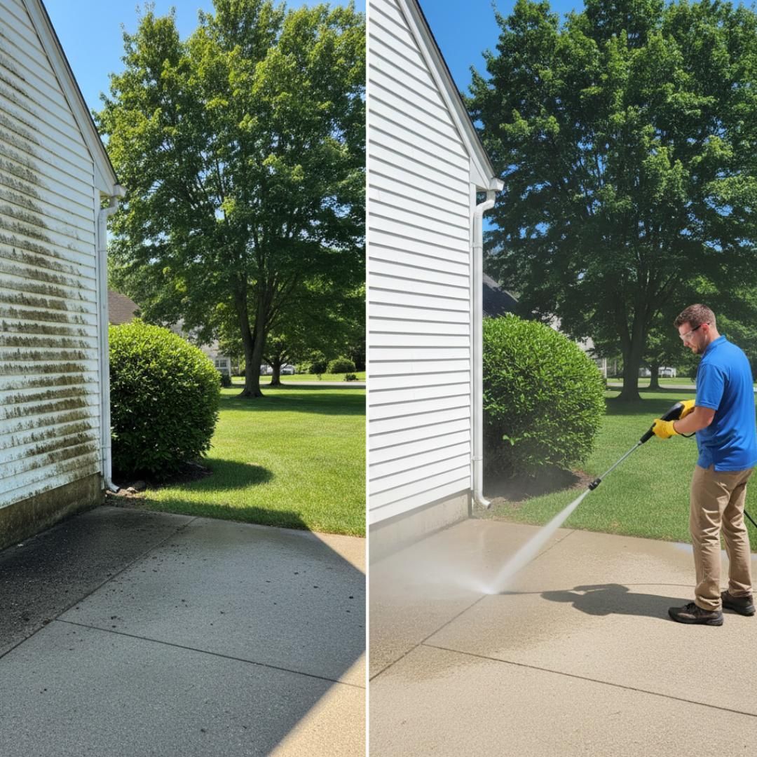 House siding being power washed clean; side-by-side comparison of dirty vs. clean.
