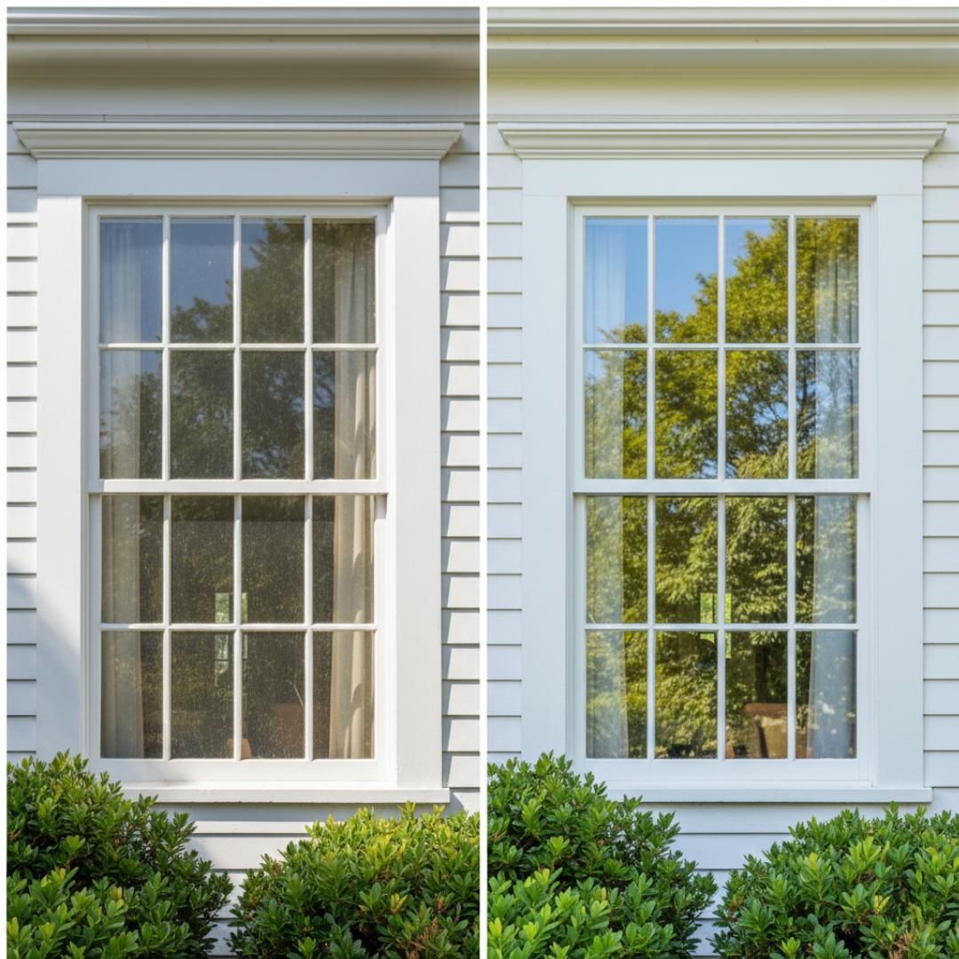 Two white framed windows; left frosted, right reflecting greenery. White clapboard siding and green shrubs below.