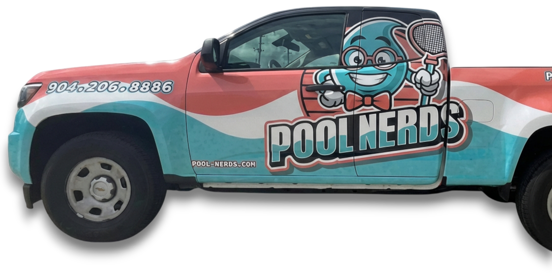 Pool Nerd's truck with logo, colorful wave design, and cartoon character, likely for pool services.