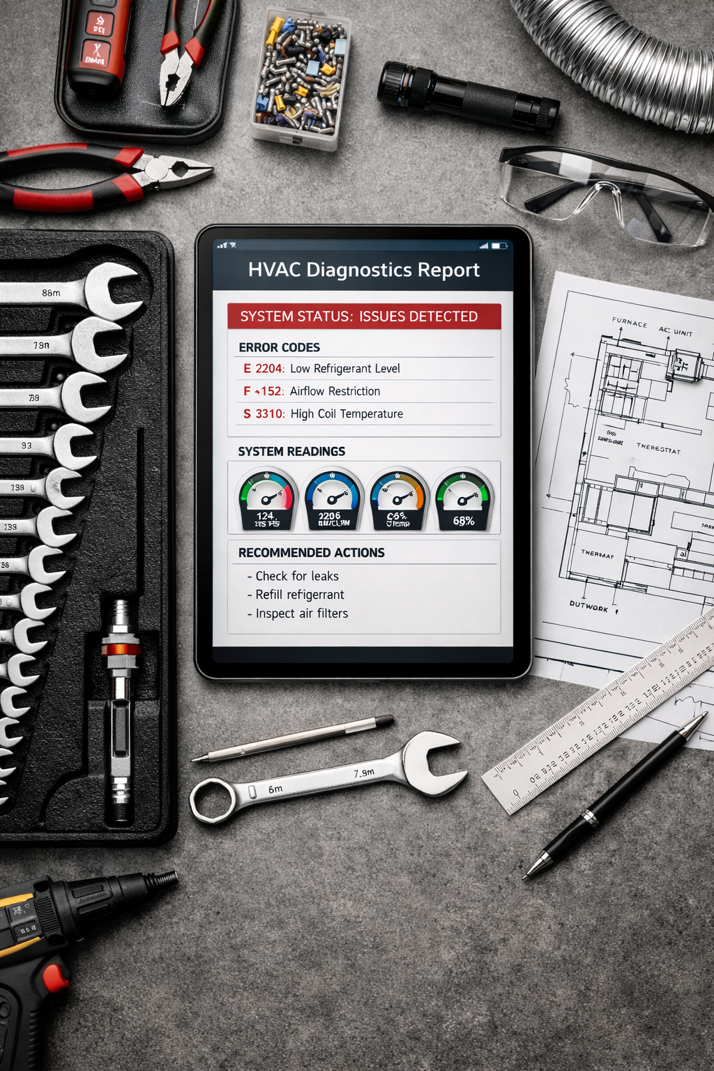 Tablet with dashboard beside tools, wrench, ruler, and sketches on a gray workbench