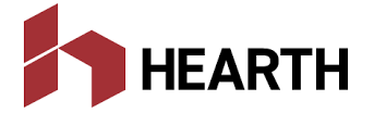 HEARTH logo with a red geometric house icon and black wordmark on a white background