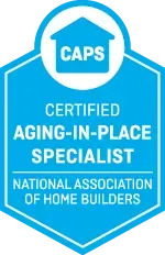 Blue and white CAPS badge. Certified Aging-in-Place Specialist seal from National Association of Home Builders.