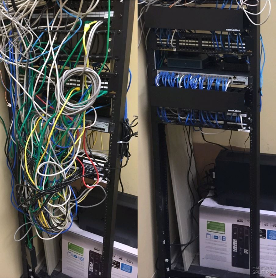 A before and after picture of a messy server rack