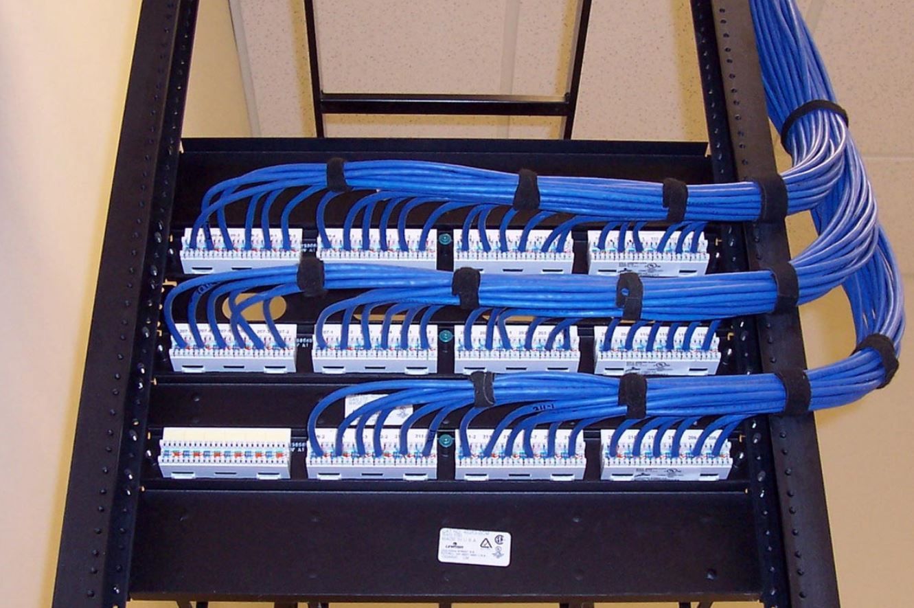 A bunch of blue wires are connected to a rack