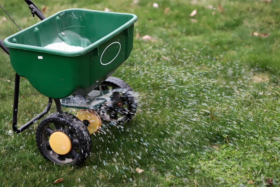 A green wheelbarrow is spreading fertilizer on a lush green lawn.