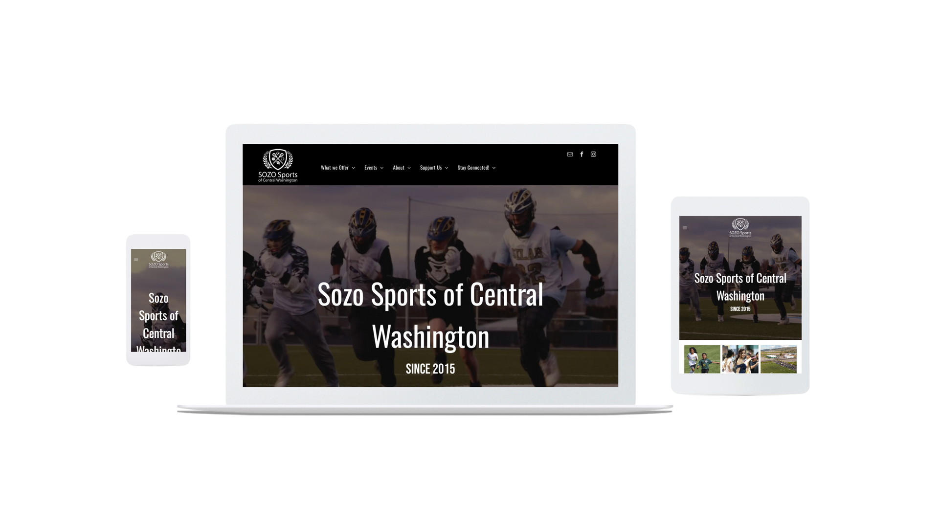 A laptop , tablet , and cell phone displaying a website for the sports of central washington.