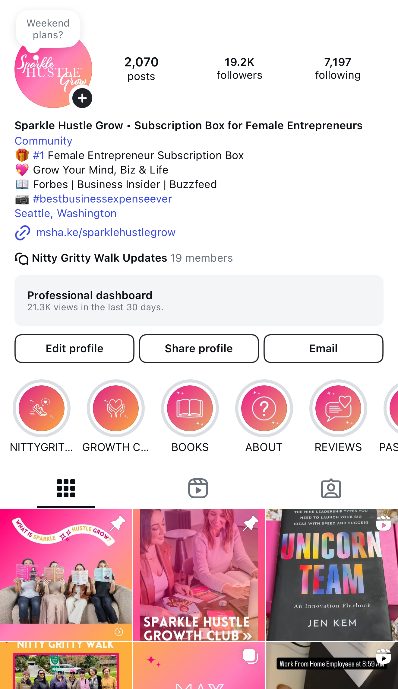 A screenshot of Sparkle Hustle Grow's instagram page.