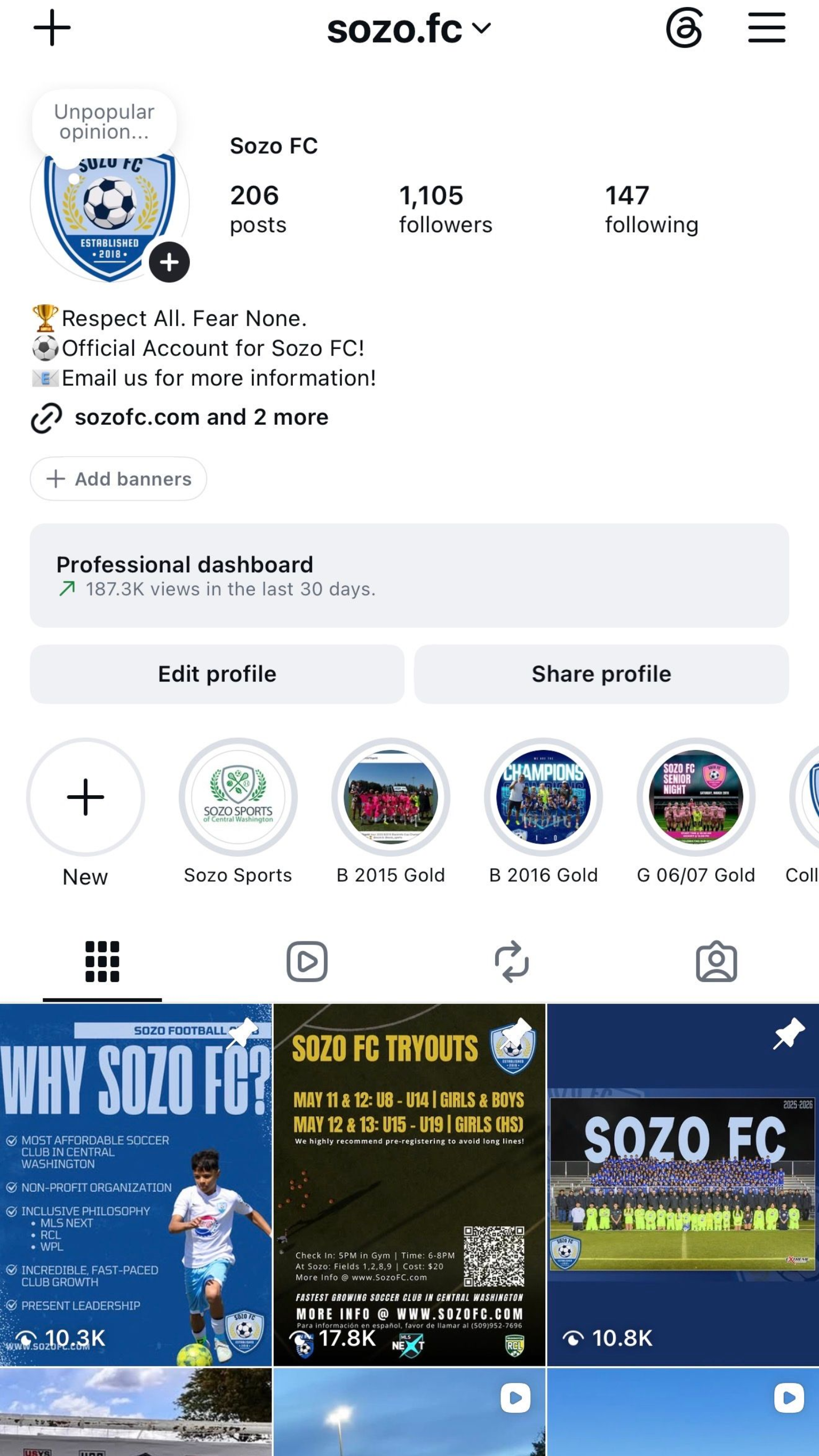 Instagram profile page for Sozo FC with blue team logo and soccer-related posts visible