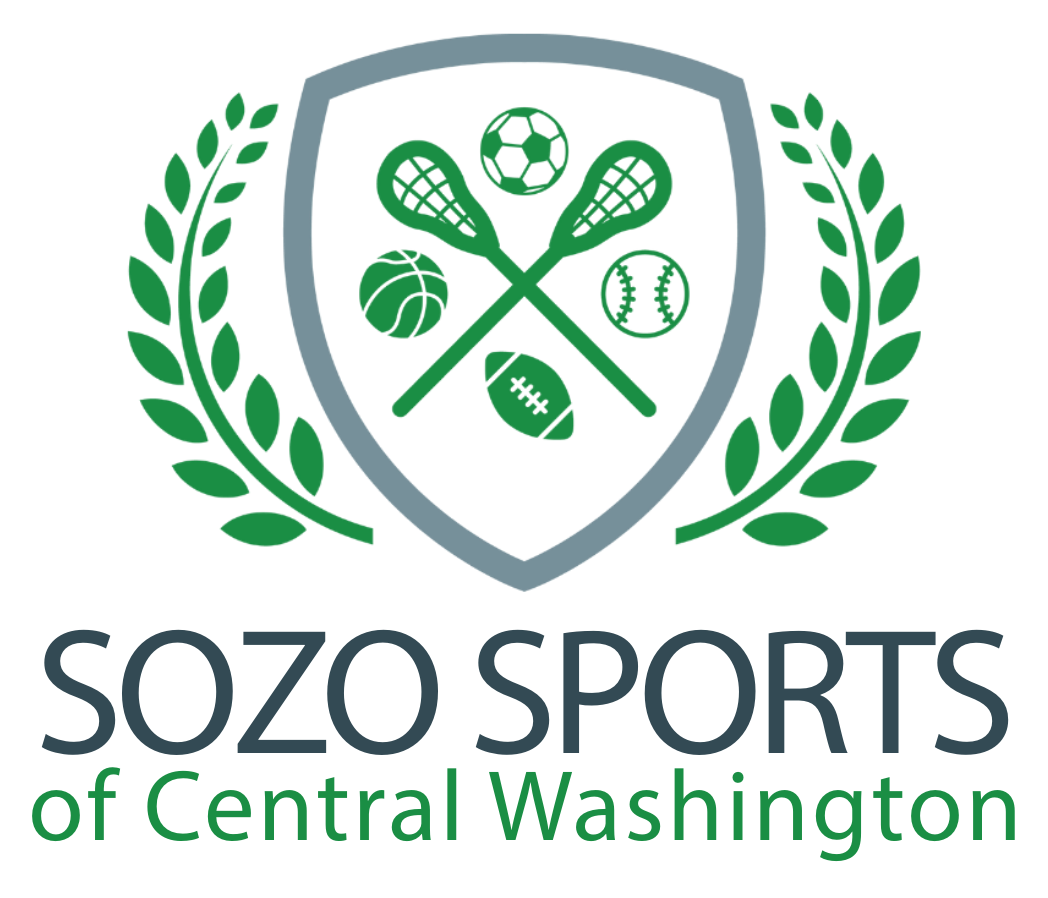 A logo for sozo sports of central washington with a shield and laurel wreath.