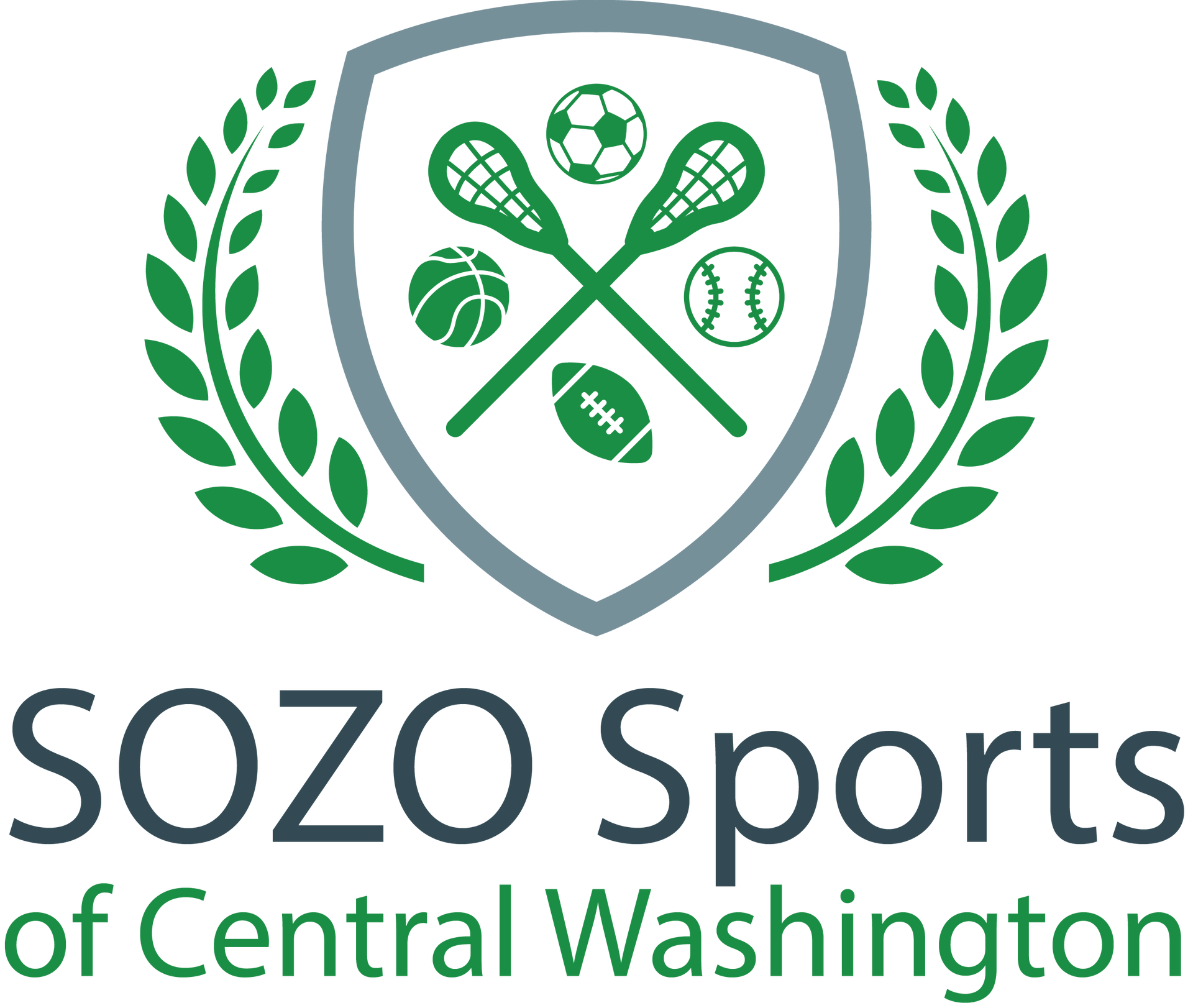 A logo for sozo sports of central washington with a shield and laurel wreath.