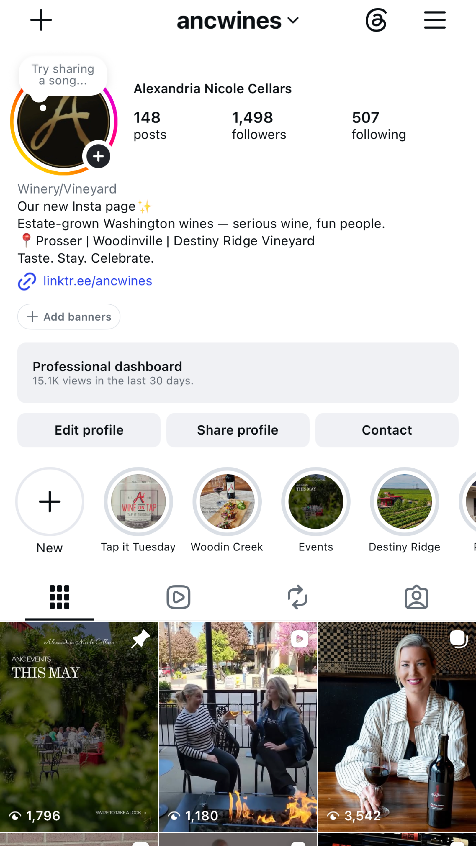Instagram profile page showing a circular avatar, bio, highlights, and a grid of photos/videos.