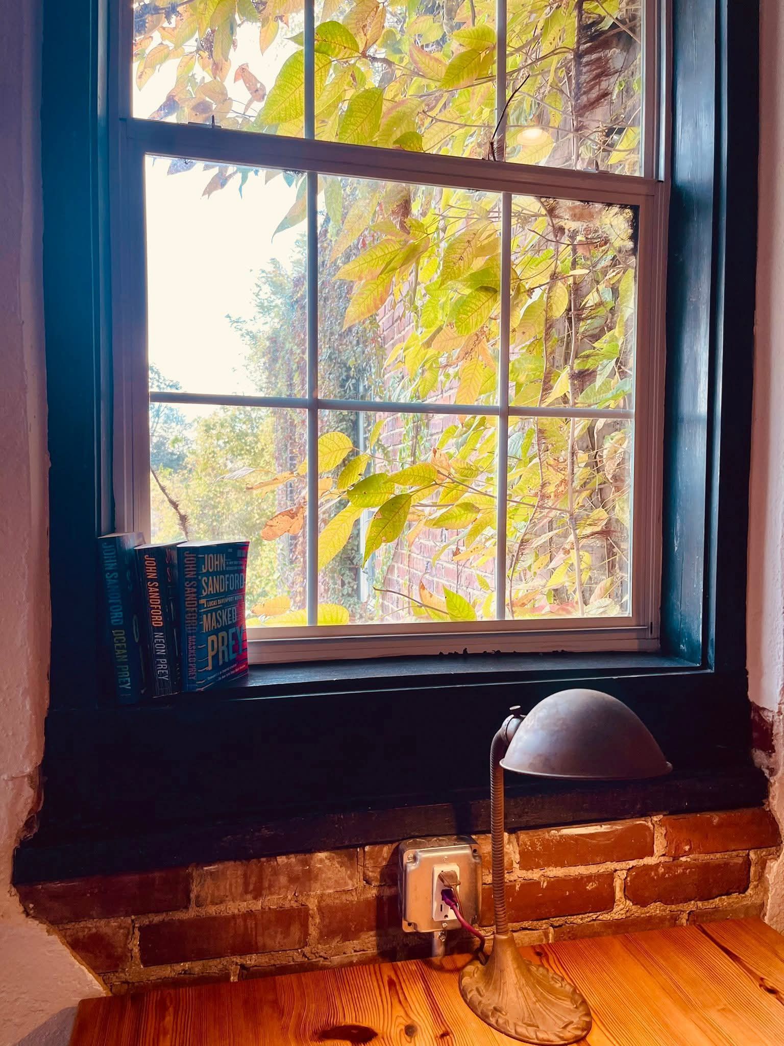 A window with autumn leaves overlooks a desk with three books and a small brass lamp on a rustic brick ledge.
