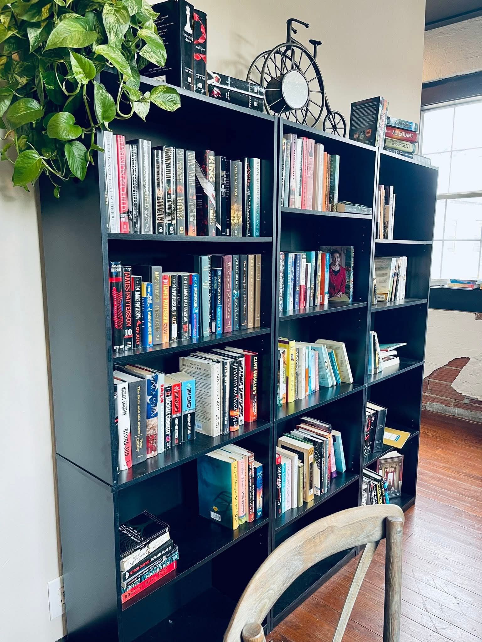 Black bookshelves filled with books, topped with a plant and a decorative bicycle, beside a window and wooden chair.