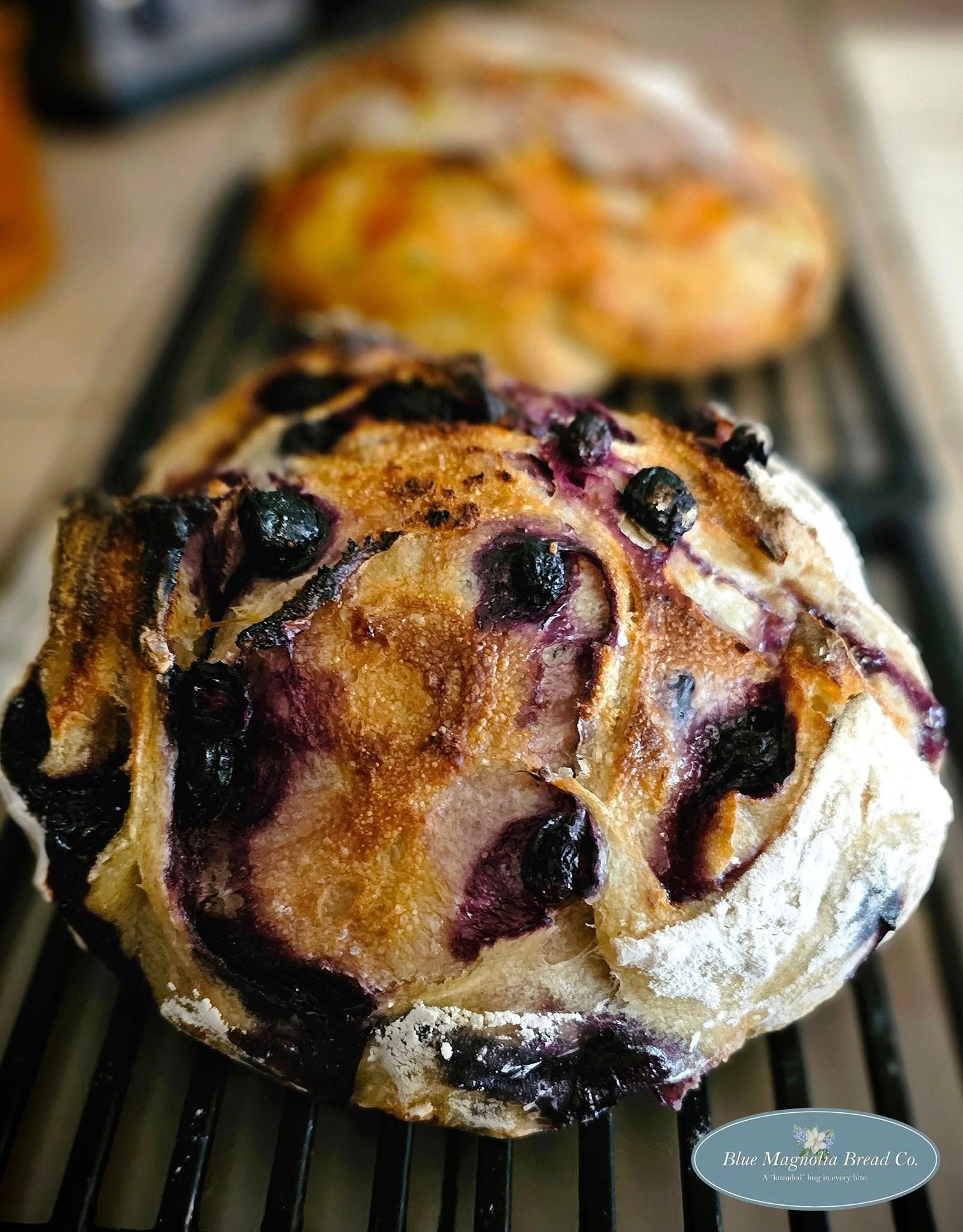 A loaf of blueberry bread is sitting on a cooling rack.