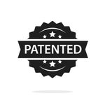 A black and white badge with the word patented on it.