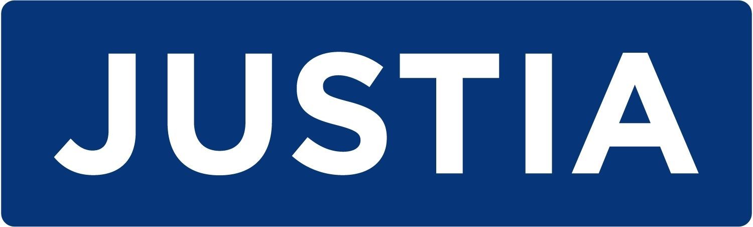 A blue sign with the word justia in white letters