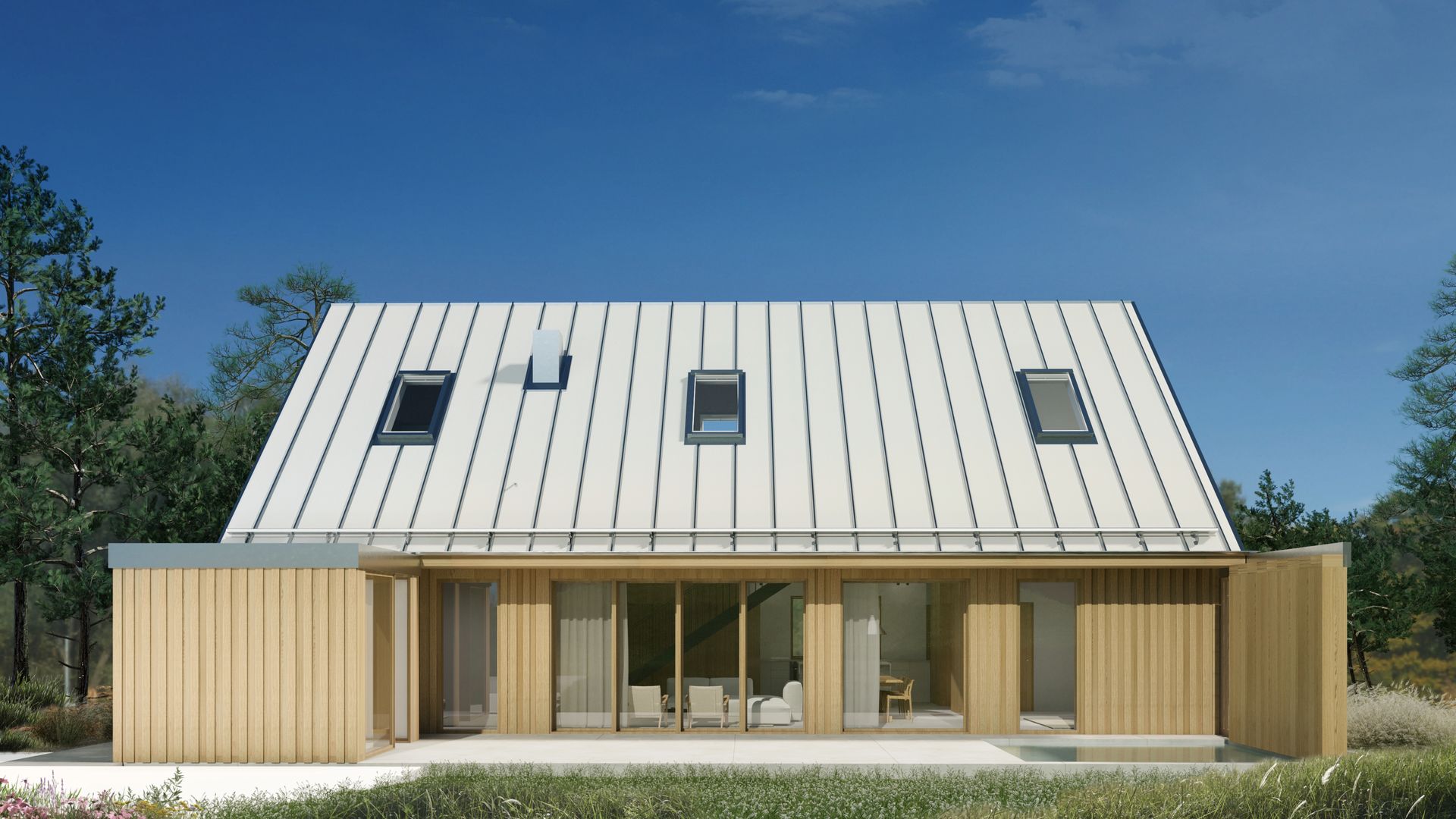 A house with a steel roof and a open to the garden.