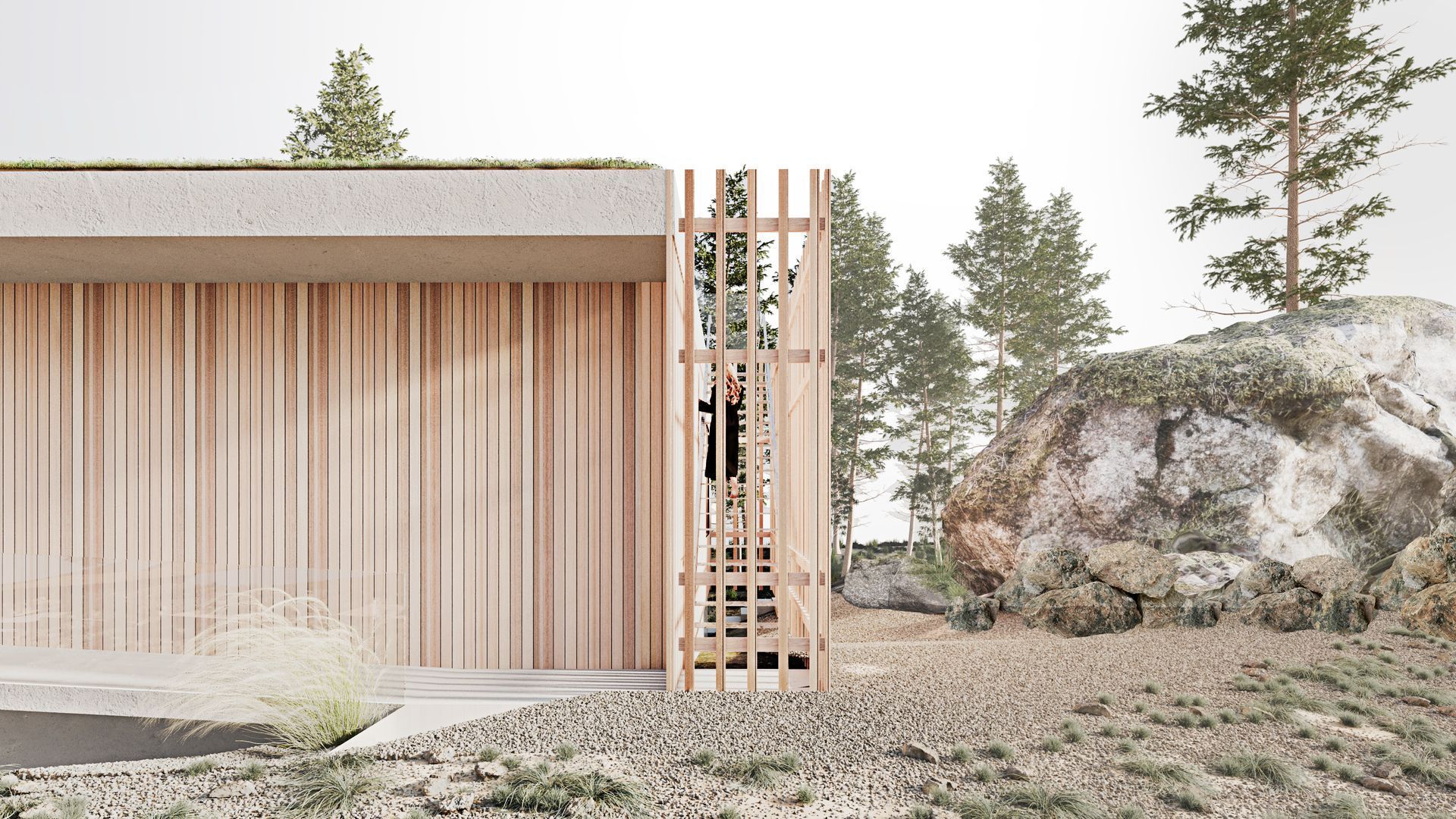A house with a wooden fence and a rock in the background.