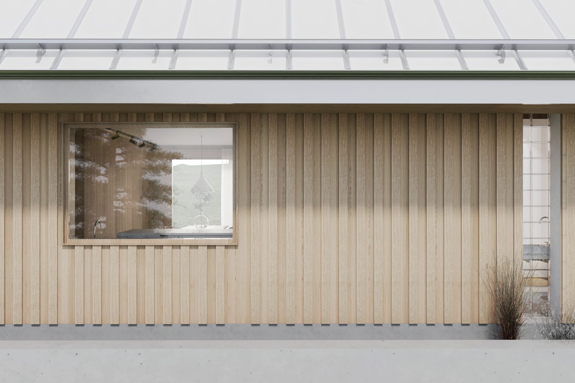 A wooden house with a white roof and a window.
