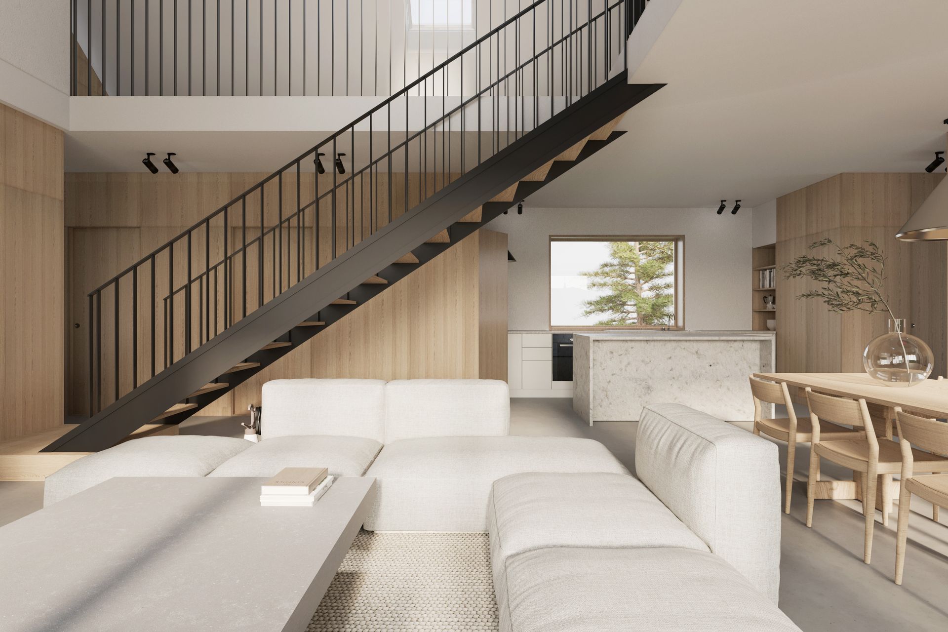 A living room with a staircase leading up to the second floor.