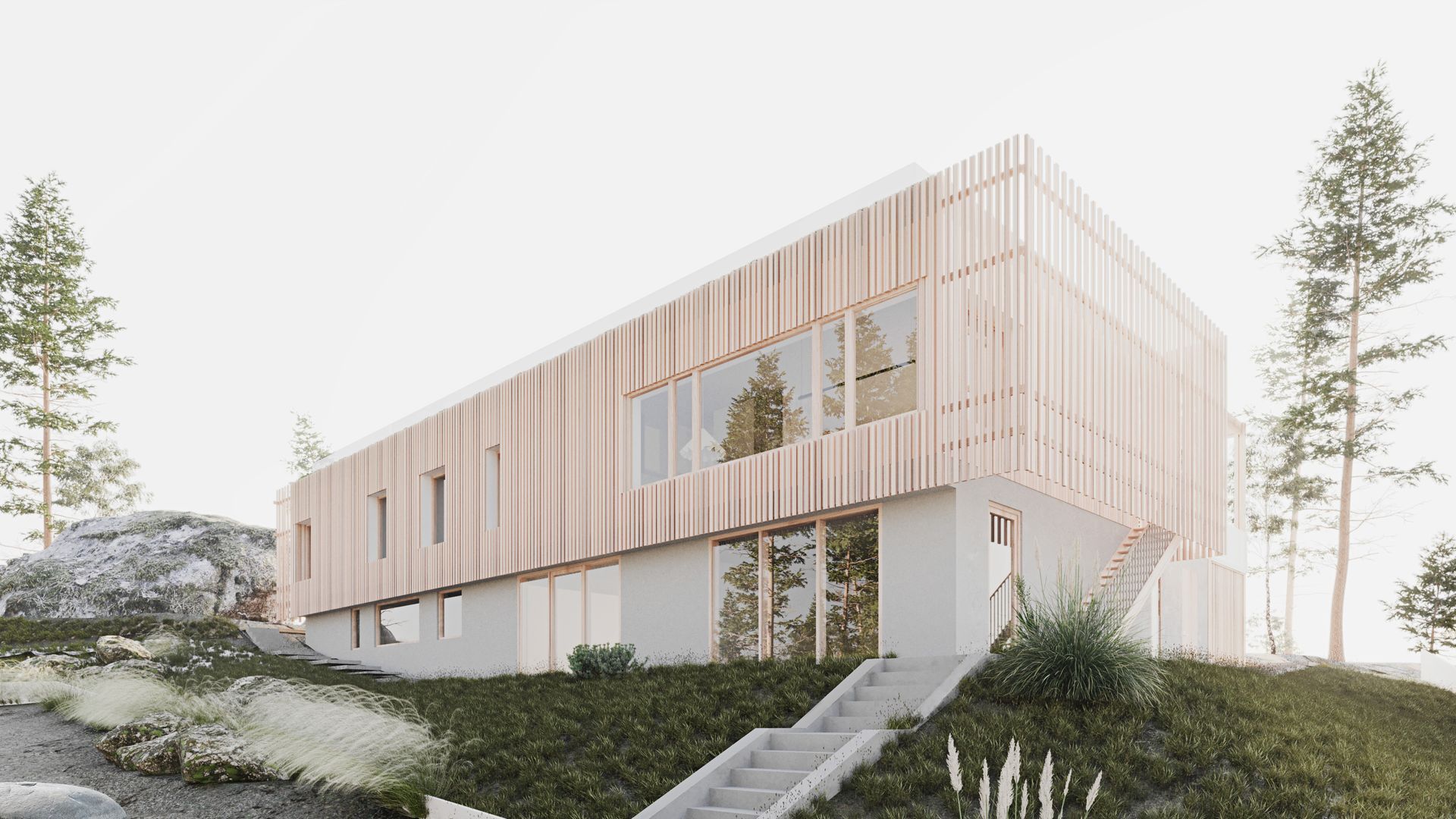 A modern house with a wooden facade is sitting on top of a hill.