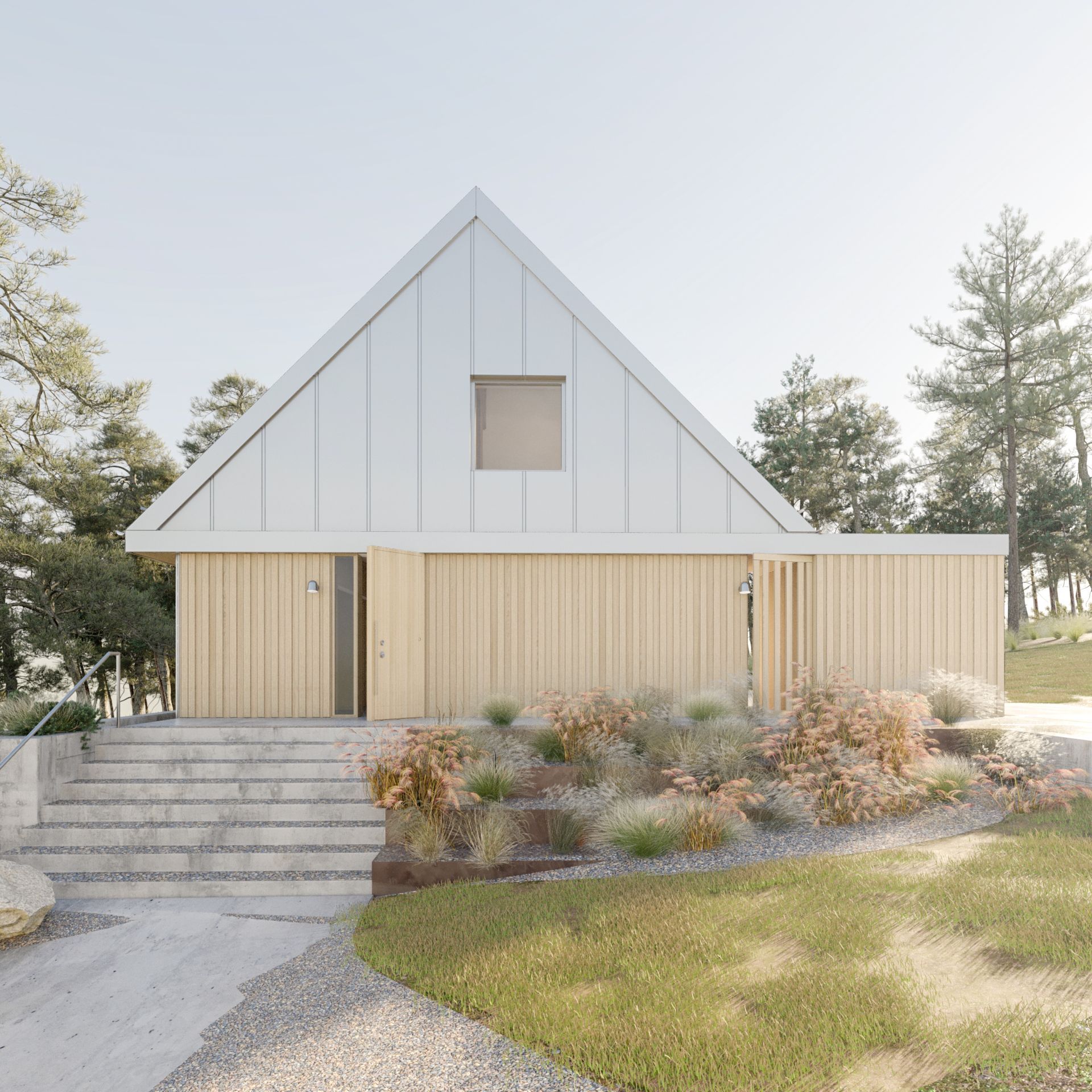 A house with a steel roof and wooden facade design