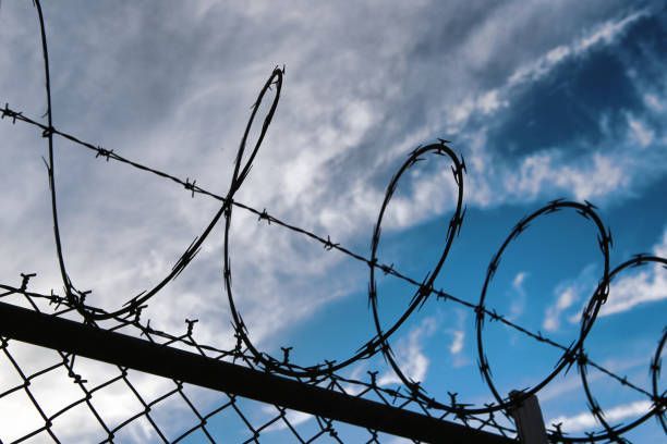 A barbed wire fence with a blue sky in the background