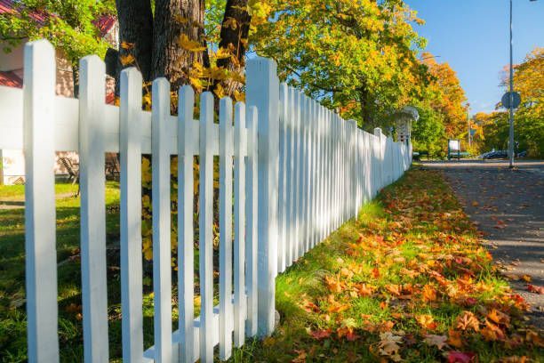 A white picket fence along a sidewalk with leaves on the ground.